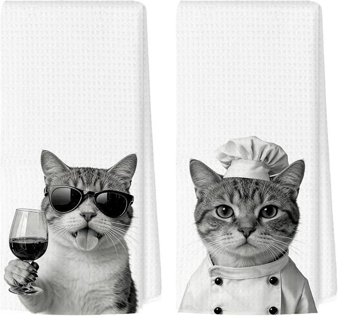 Funny Cat Kitchen Towels Set of 2, Cat Kitchen Bar Accessories, Chef Gifts for Women Decorative Hand Towels for Kitchen Decor, Coffee Wine Lovers Dish Tea Towel, 16x24 Inch