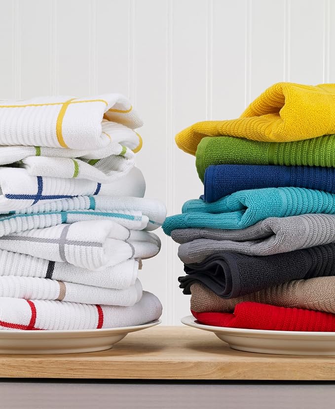 T-Fal Solid & Checked Parquet Kitchen Towels: Highly Absorbent, Super Soft Long Lasting - 100% Cotton, 16"x26" Dish Towels for Cleaning & Drying Dishes, Pans, Glassware, Countertops, 6-Pack, Sand