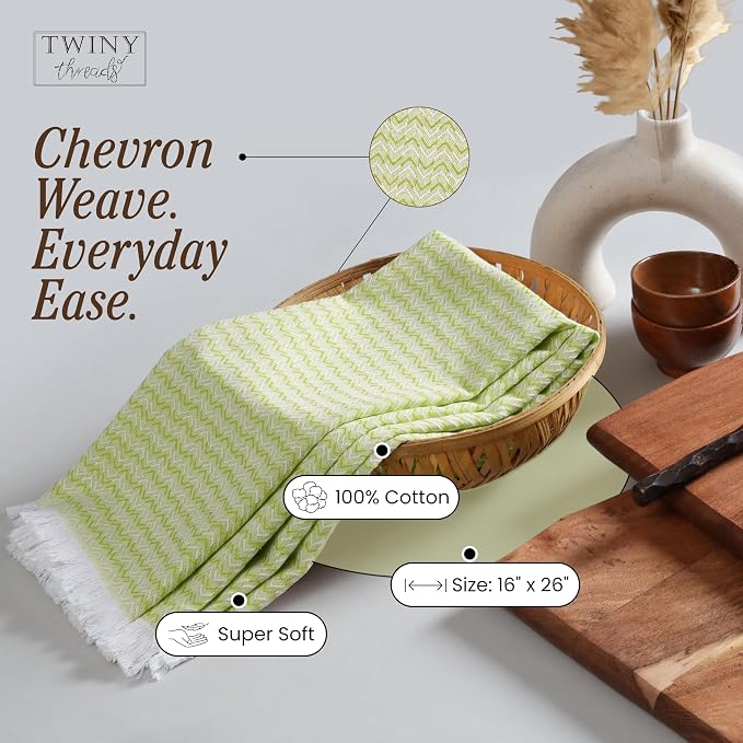 TWINY threads Kitchen Towel Chevron Weave, 4 Pack, Premium Large 100% Cotton Kitchen Linen Set, Absorbent Quick Drying Dish Rags for Drying Dishes, Multi Purpose Washable Towel, 16"x26", Lemon Green