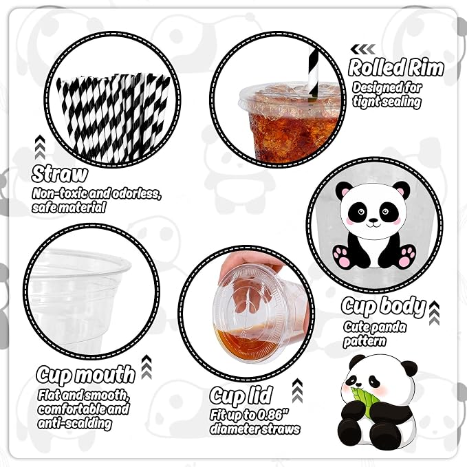 Whaline 50 Pcs Panda Disposable Plastic Cups with Lids and Straws Cute Animal Cold Beverage Drinking Cups for Baby Shower Birthday Party Supplies