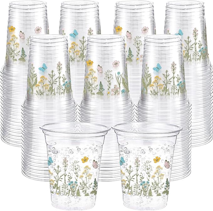 100 Pack Wildflowers Plastic Cups 12 oz Flower Floral Botanical Disposable Clear Plastic Drinking Cups Bulk for Summer Spring Wedding Bridal Baby Shower Birthday Party Decoration Supplies