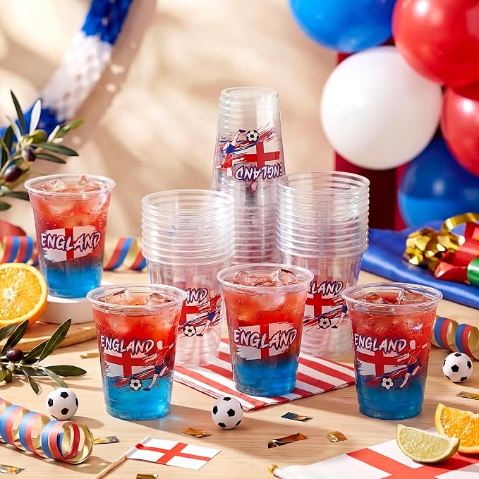 Jingmore 50 Pcs Soccer Plastic Cups 12 oz International Countries Soccer Disposable Plastic Cups Thick Clear Drinkware for Sports Games Party Supplies (England)