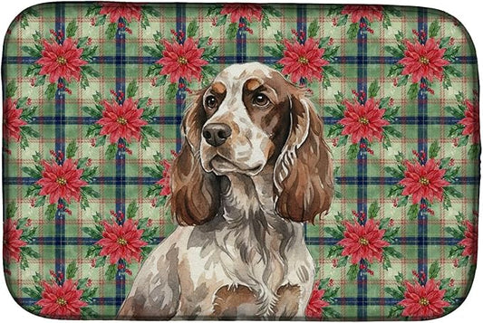 Caroline's Treasures Liver Roan English Cocker Spaniel Christmas PoinsettIas Dish Drying Mat Absorbent Dish Drying Mat Pad for Kitchen Counter Dish Drainer Mat for Countertop, 14 x 21", Multicolor