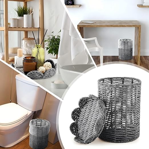 Ctosree 1.3 Gallons Small Wicker Trash Can with Lid Handle Woven Wicker Rattan Bathroom Waste Basket Boho Trash Basket with 100 Plastic Garbage Bags for Bedroom Office Laundry (Scalloped Style, Gray)
