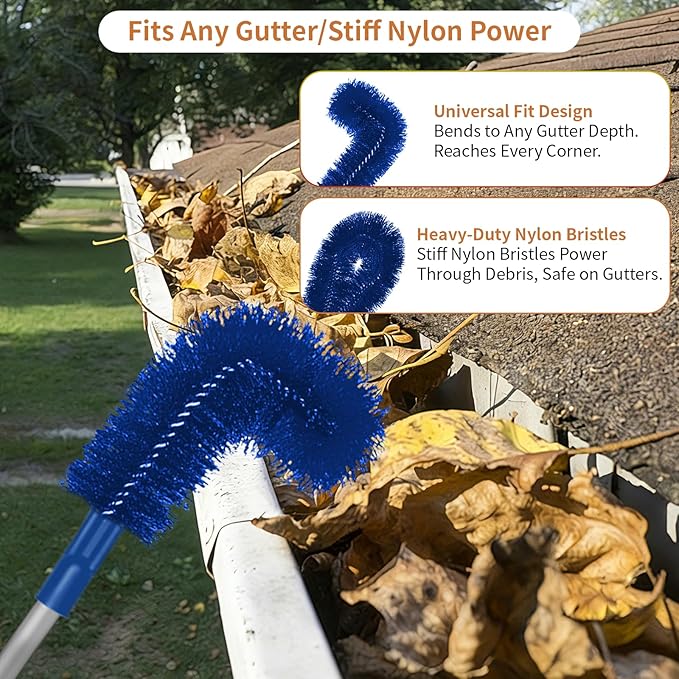 Longtor 12.9FT Gutter Cleaning Tools from Ground – Aluminum Extension Pole with Bendable Brush, Deep Scoop & Swivel Head, Telescopic Roof Cleaner for Gutters/Swimming Pool, No Ladder Required