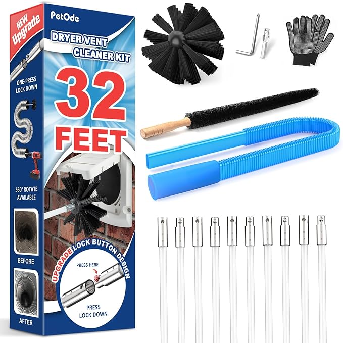 PetOde Dryer Vent Cleaner Kit Compatible with Most Vacuum Cleaner, Dryer Lint Brush and Vacuum Hose Attachment with Universal Connector, Quickly Lint Remover