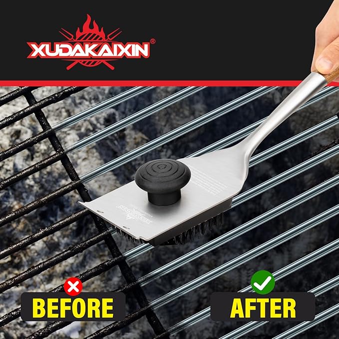 XUDAKAIXIN Nylon Grill Brush, Dual Grip Design, with Extended Luxurious Acacia Wood Handle, Safe Nylon Bristles Barbecue Outdoor Grill Brush for Cooled Grates(Black)