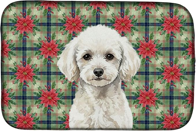 Caroline's Treasures Toy White Poodle Christmas PoinsettIas Dish Drying Mat Absorbent Dish Drying Mat Pad for Kitchen Counter Dish Drainer Mat for Countertop, 14 x 21", Multicolor