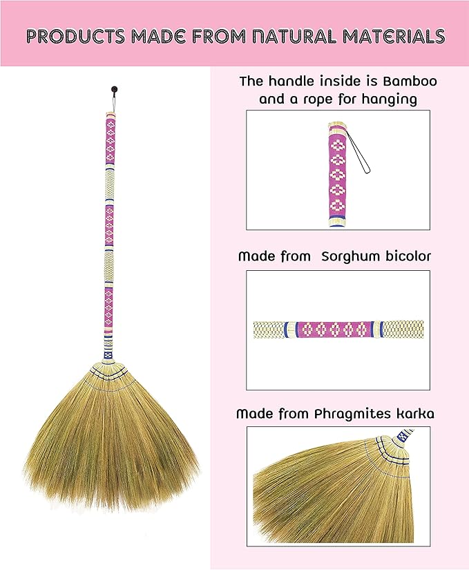 40 inch Tall of Asian Broom for Cleaning Tile Floor,Soft bristles,Long Handle Hand Grip The Reed Tree with Grass, Design for Sweeper Garbage Dust,Vintage Broom,Durable Indoor & Outdoor