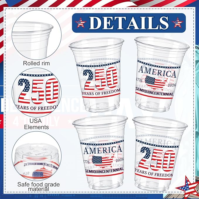 Jingmore 50 Pcs 250th Anniversary Plastic Cups 12 oz Patriotic Disposable Plastic Cups 1776-2026 Freedom Thick Clear Drinkware for Independence Day 4th of July Party Supplies