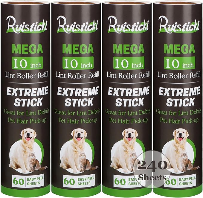 10 inch Lint Roller Refill Compatible with Large Mega 10 in Wide Lint Rollers, Pack of 4 Refills, 60 Sheets per Refill, Total 240 Extreme Stick Sheets
