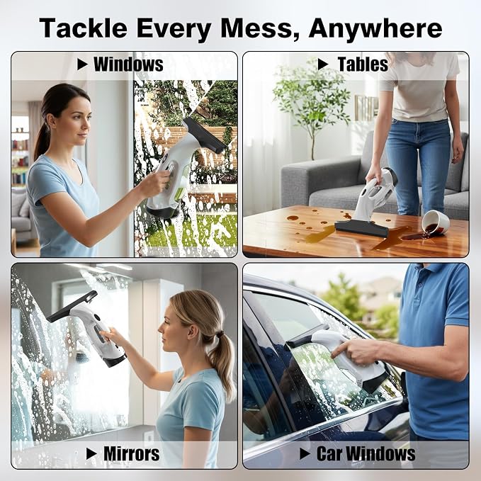 Window Vacuum Squeegee Cordless, 2000Pa Electric Window Cleaner Tool with 2200mAh & 150ml Water Collection Tank, Cleaning Kit Shower Squeegee for Glass Doors, Tiles, Mirrors, Car