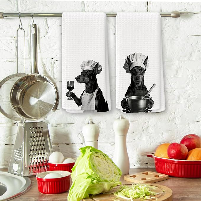 Funny Chef Doberman Kitchen Towels Set of 2, Doberman Dog Gifts for Women Dish Tea Towels for Kitchen, Dog Mom Lovers Owner Gifts Decorative Hand Towel, 16x24 Inch