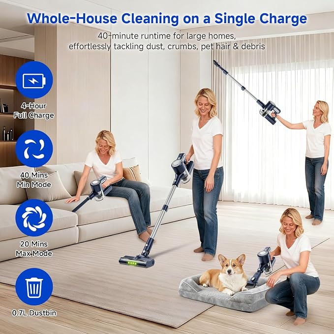 Cordless Vacuum Cleaner: 30KPA Powerful Suction Stick Vacuum, Anti-Tangle | Portable 6-in-1 Rechargeable Vacuum, Green LED Light, Ideal for Pet Hair, Low-Pile Carpets & Hard Floors-Dark Blue