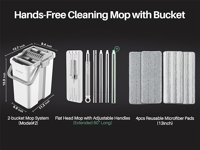 JOYMOOP Mop and Bucket Set, Flat Mop Flat Head, Microfiber Dust Mops for Household & Commercial Wall Cleaner with Long Handle, Hands-Free Floor Cleaning