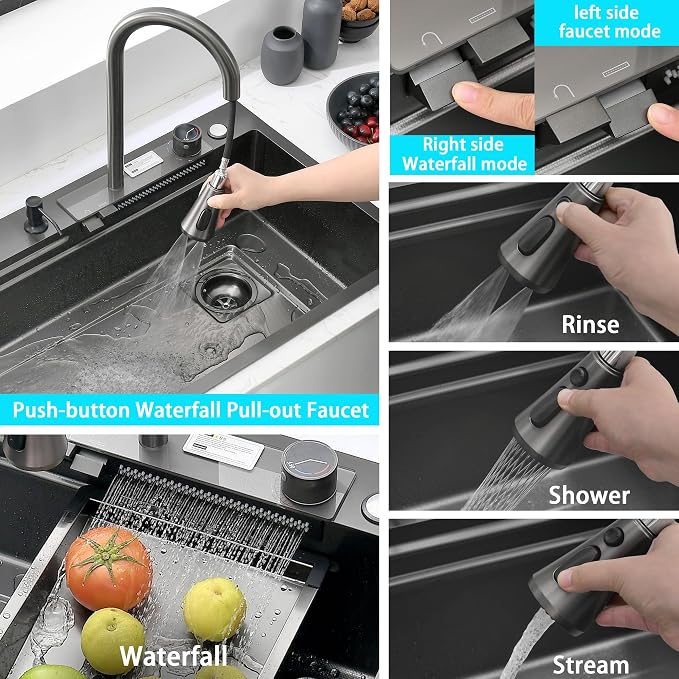 32" x 19.7" Black-Gray Waterfall Kitchen Sink, Drop In Stainless Steel Modern Single Bowl Sink with Pull-Out Spray Faucet, Cup Washer & Accessories