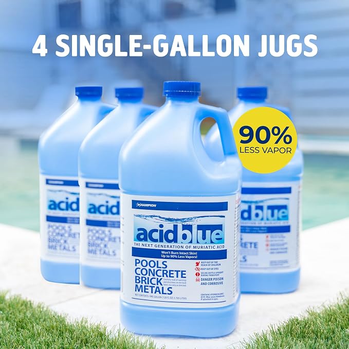 CPDI Champion 4-Pack Acidblue Muriatic Acid for Swimming Pools & Spas, 1 Gallon Each - Low-Fume pH Stabilizer & Cleaner for Concrete & Masonry Surfaces, Clears Rust & Scale Build-Up
