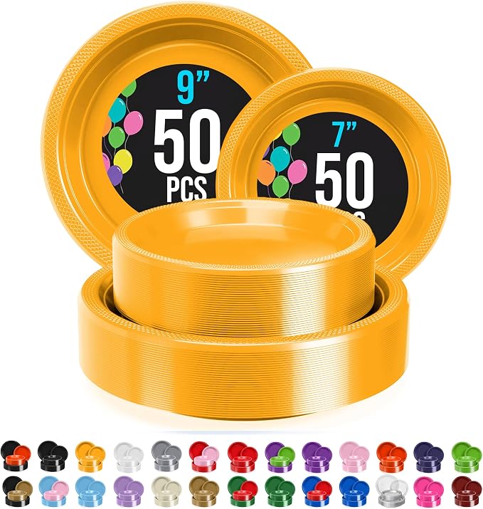 Exquisite Party Solids Yellow Plates Disposable Yellow Plastic Plates 100 Pieces - 50-7" & 50-9" Heavy Duty 350 GSM Disposable Dinnerware Sets, Plastic Dinnerware Sets