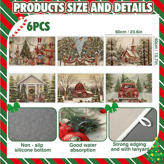 Meanplan Set of 6 Christmas Dish Drying Mats for Kitchen Counter Absorbent Vintage Kitchen Accessories Farmhouse Cottage Table Mats Washable Drainer Draining Pad for Xmas Decoration Winter 24"x 16"