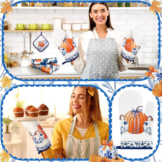 Fanfanwin 10 Pcs Thanksgiving Pumpkin Kitchen Decor Set Kitchen Towels Pot Holders Oven Mitts and Rugs Set Blue and White Porcelain Decor for Baking Cooking BBQ Home