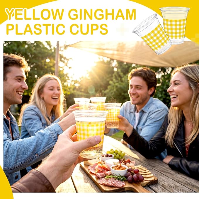 Qinyoung Checkered Plastic Cups 12oz Gingham Party Disposable Cups Bulk Drinking Cup for Cold Drinks Baby Shower Wedding Summer Birthday Party Supplies(Yellow and White,50 Pcs)