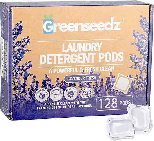Greenseedz Laundry Pods, Fresh Lavender Scent, 128 Packs, Eco Friendly, Powerful Clean, Biodegradable, HE Compatible