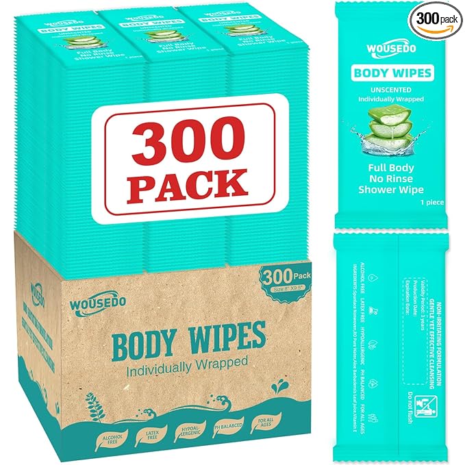 300 Pack Individually Wrapped Body Wipes (8" x 9.5"),No-Rinse Shower Wipe for Adults,Travel,Gym & Camping,Bulk Cleansing Wipes for Homeless