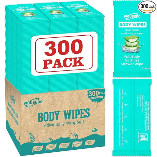 300 Pack Individually Wrapped Body Wipes (8" x 9.5"),No-Rinse Shower Wipe for Adults,Travel,Gym & Camping,Bulk Cleansing Wipes for Homeless