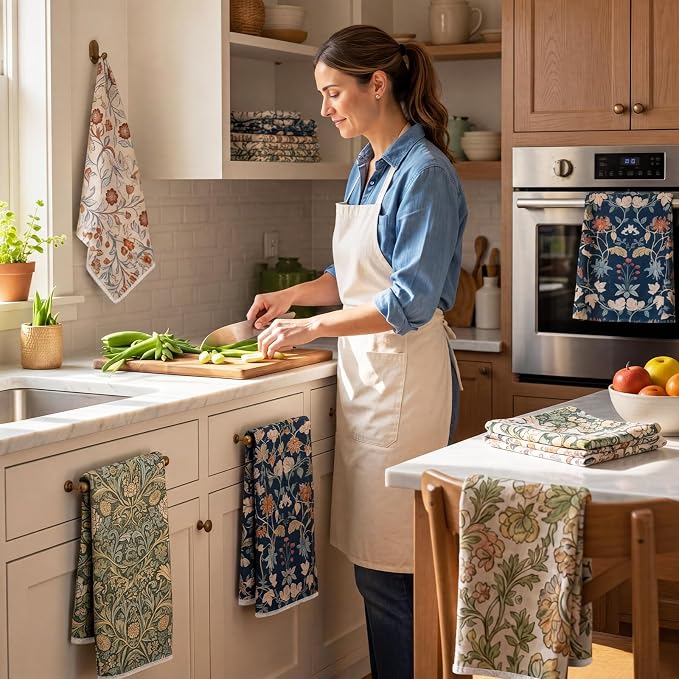 Hahafelt 6 Pack William Morris Floral Kitchen Towels Absorbent Cotton Retro Vintage Flowers Towels 18 x 28 Inch Decorative Hand Tea Towel for Baking Cleaning Housewarming Party Supply (William Morris)