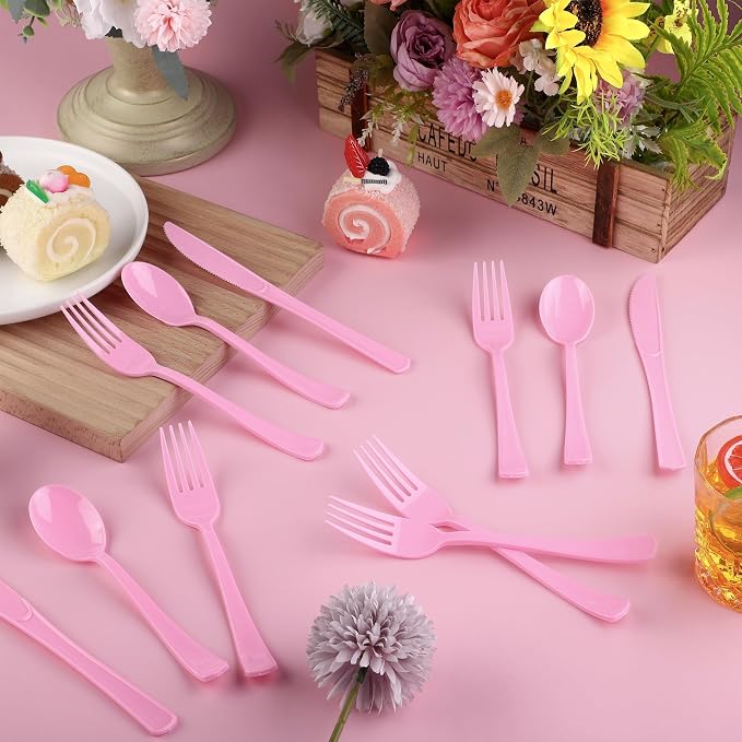 Kochorie 300 Pieces Graduation Light Pink Plastic Silverware Heavy Duty Plastic Cutlery Set Heavyweight Disposable Flatware Includes Spoons Forks Knives for Birthday Party Prom Night Wedding Dinner