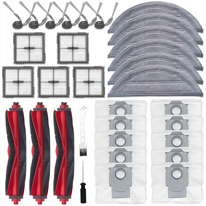 32Pcs Replacement Parts for Roborock Q10 S5/ Q10 S5+/ Q10 X5/ Q10 X5+ Vacuum Cleaner Accessories Kit,3 Main Brush,6 Mop Pads,5 Filters,6 Side Brush,10 Dust Bags,1 screwdriver，1 Cleaning brush