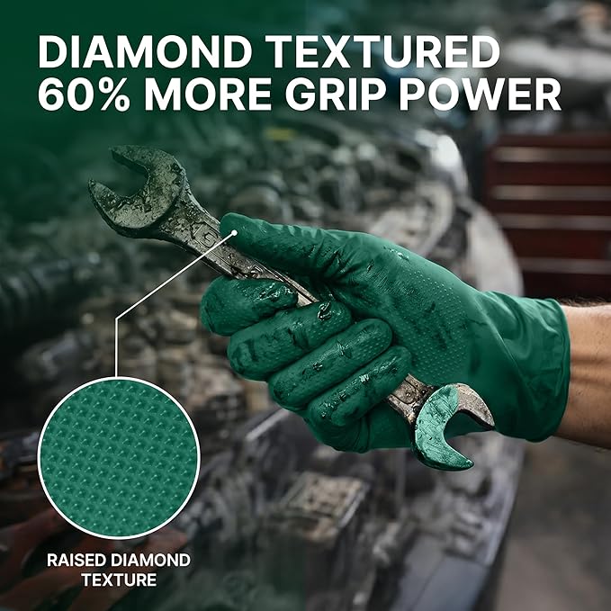 TitanFlex Heavy Duty Industrial Nitrile Gloves with Raised Diamond Texture, 6-mil, Latex Free (Dark Green)