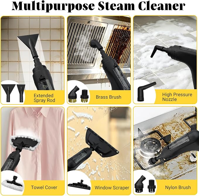 Steam Cleaner, 2500W Portable Handheld Steamer for Cleaning, Large Capacity Tank Pressurized Steam Cleaning Machine for Home, Car, Bathroom, Kitchen, Furniture, Grout, Floor, Tile (Yellow)