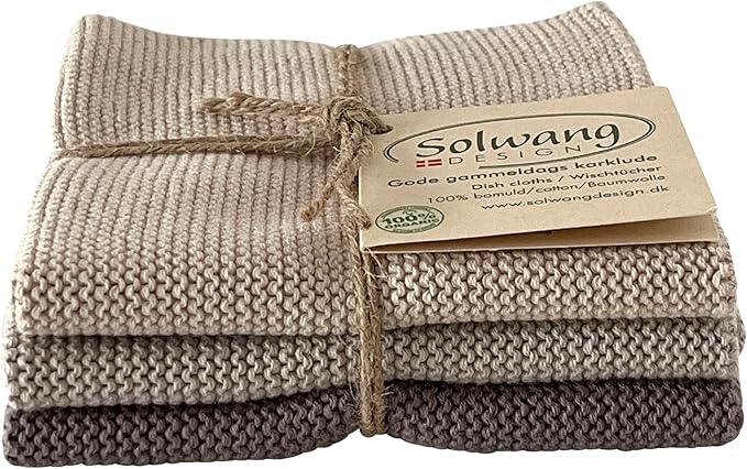 Solwang 3-Piece Danish 100% Certified Organic Cotton Dishcloths Made in India (Ash Grey Combi)