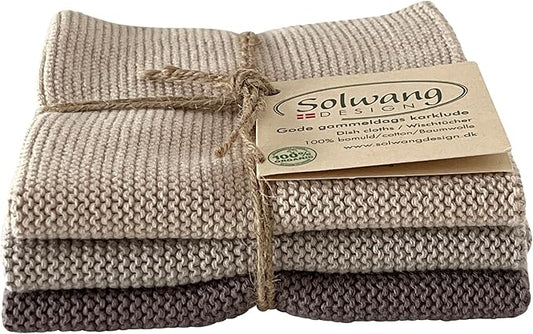 Solwang 3-Piece Danish 100% Certified Organic Cotton Dishcloths Made in India (Ash Grey Combi)