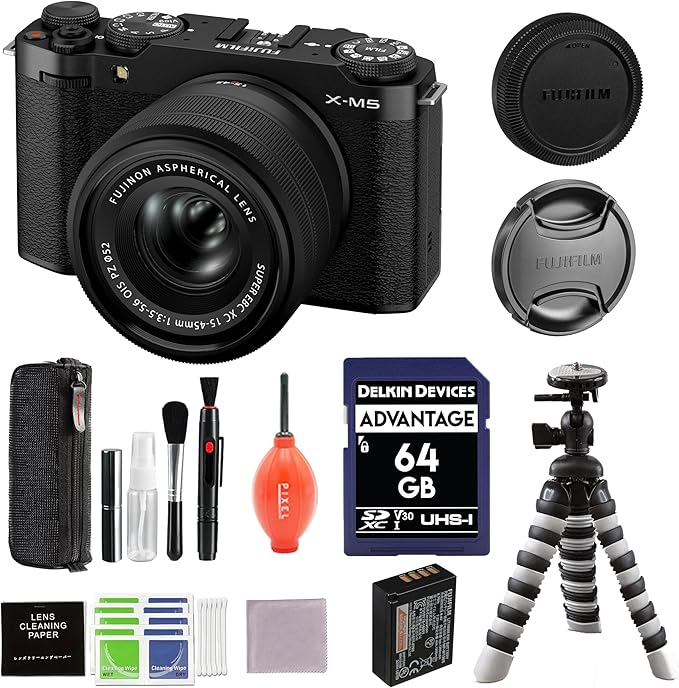 Fujifilm X-M5 Mirrorless Camera with XC 15-45mm f/3.5-5.6 Lens (Black) Bundle with Flexible Tripod, 64GB SD Card & Additional Accessories