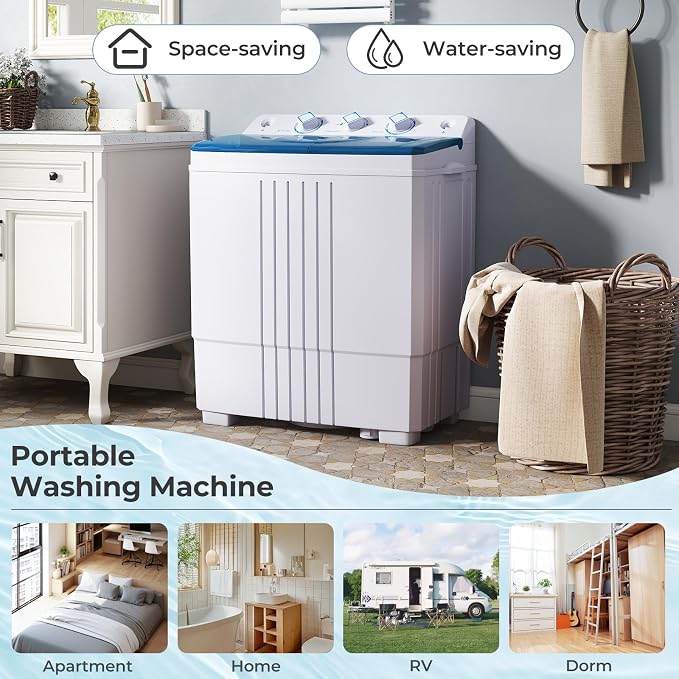 Giantex Portable Washing Machine, 20 LBS Washer & Spinner Combo with Built-in Drain Pump & Time Control, Compact Twin Tub 12 LBS Washing & 8 LBS Spin Drying for Apartment Dorm RV (Blue+White)