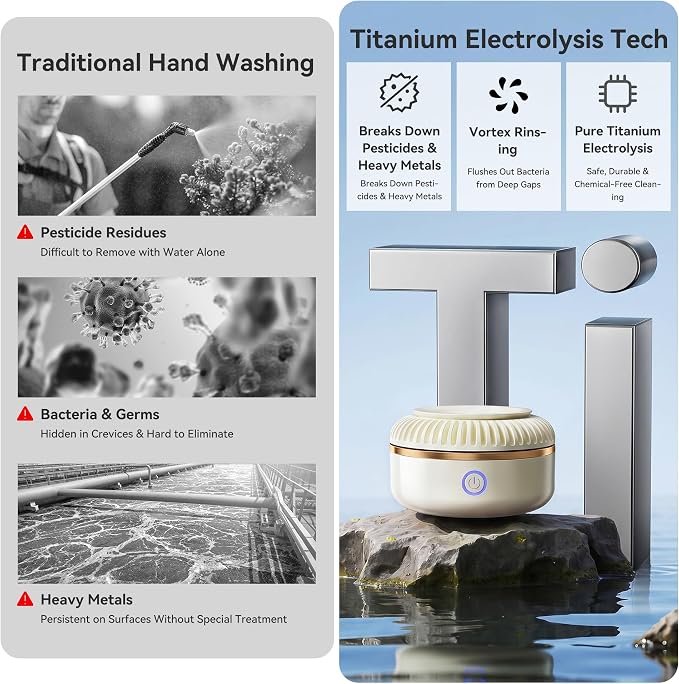 Titanium Electrolysis Vegetable Cleaner, Cordless Fruit Washing Machine with Intermittent Vortex Tech, IPX7 Waterproof Food Purifier for Deep Cleaning