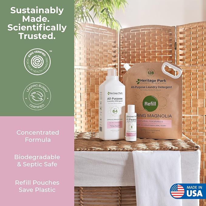 Heritage Park Luxury Laundry Detergent | Dermatologist Tested Plant based Natural & Enzyme Laundry Detergent | Sensitive Skin Friendly - Spring Magnolia (32 fl oz)