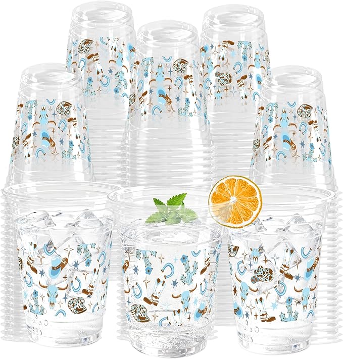 100 Pcs Cowboy Party Plastic Cups, 16 oz Clear Blue Western Cowboy Disposable Cups Bulk for Cold Juice Cold Beverage Holiday Favor Birthday Party Supplies