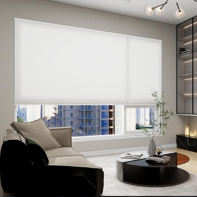 No Drill Cellular Shades, White Custom Size Cordless Light Filtering Pull Down Pleated Honeycomb Blind Thermal Insulated Easy Install for Indoor Window Bedroom Living Room Kitchen Door