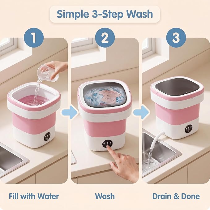 Mini Portable Washing Machine, Foldable 21L/5 Gallon Collapsible Washer, Quiet Compact Laundry Bucket for Dorm, Apartment, RV, Camping, and Travel, Light Pink