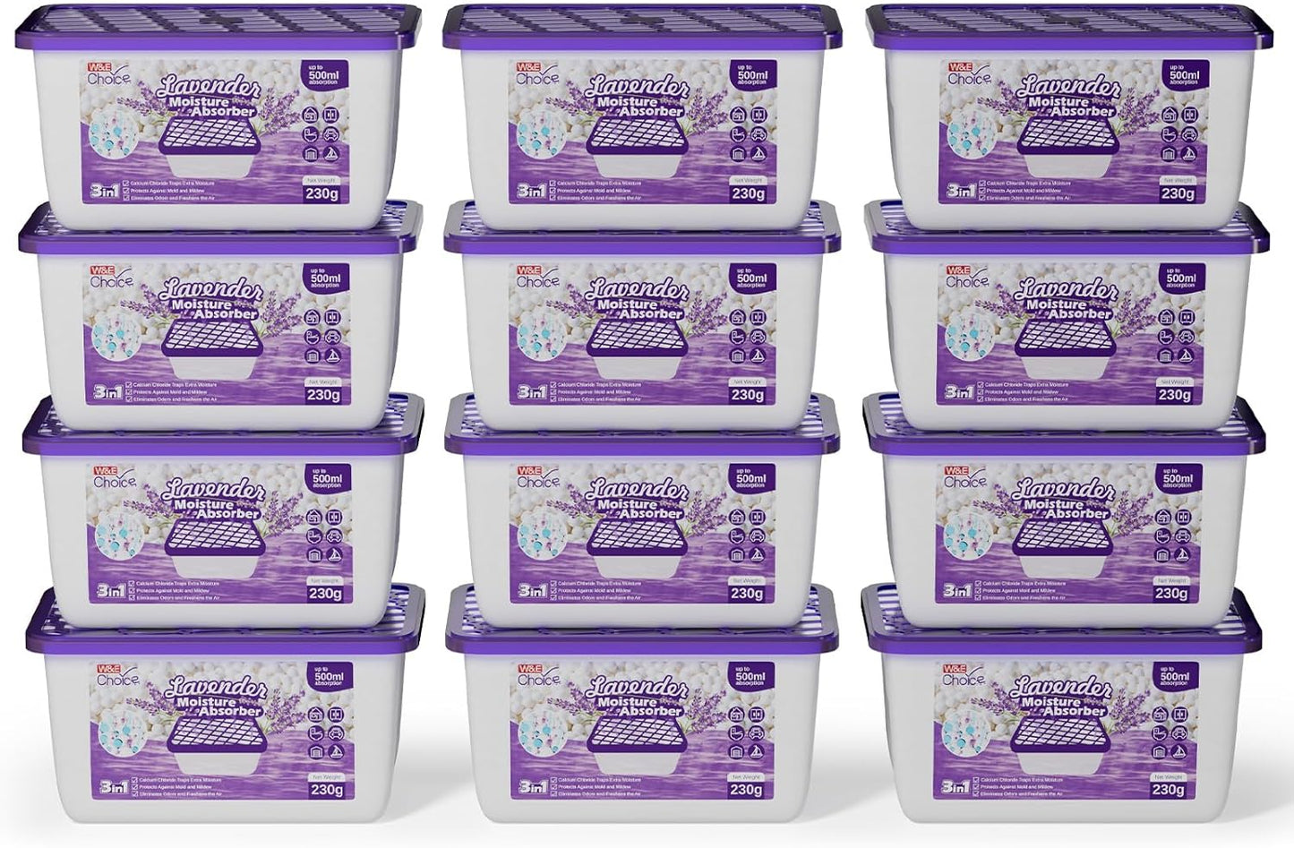 W&E Choice Moisture Absorbers with Lavender Scent, Portable Dehumidifier for Closet & Bathrooms, Kitchen, Humidity Absorber Odor Eliminator Absorber, 12Pack