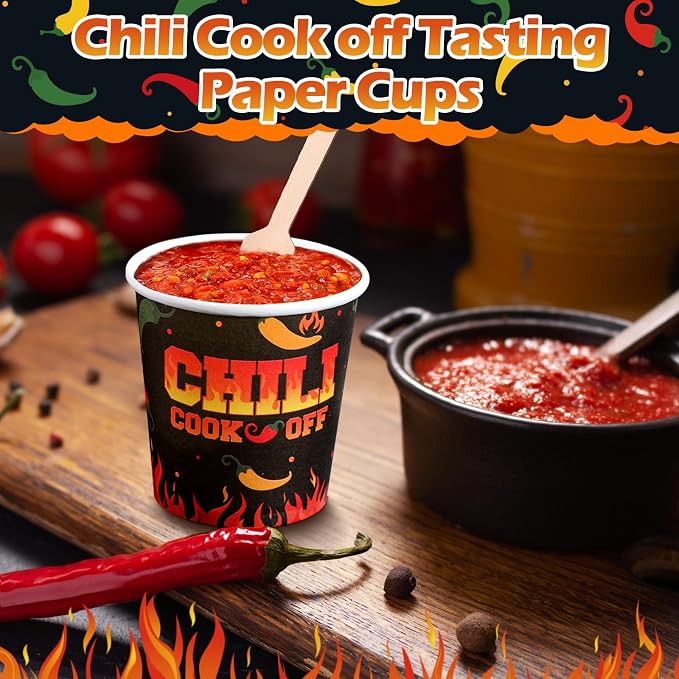 Teenyyou 100 Pcs 5 oz Chili Cook off Party Decorations Mini Chili Cook off Tasting Cups Disposable Sample Paper Cup Bowls and Wooden Spoons for Pepper Competition Prizes Party Cooking Supplies, Black