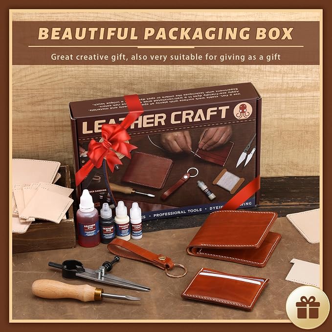 CBHGFEA 51-Piece Leather Working Kit: CBHGFEA Craft Tools Set with Edge Beveler Vegetable Tanned Leather Compass Wax Thread Video Tutorials for Wallets Card Holders and Keychains Crafts for Adults