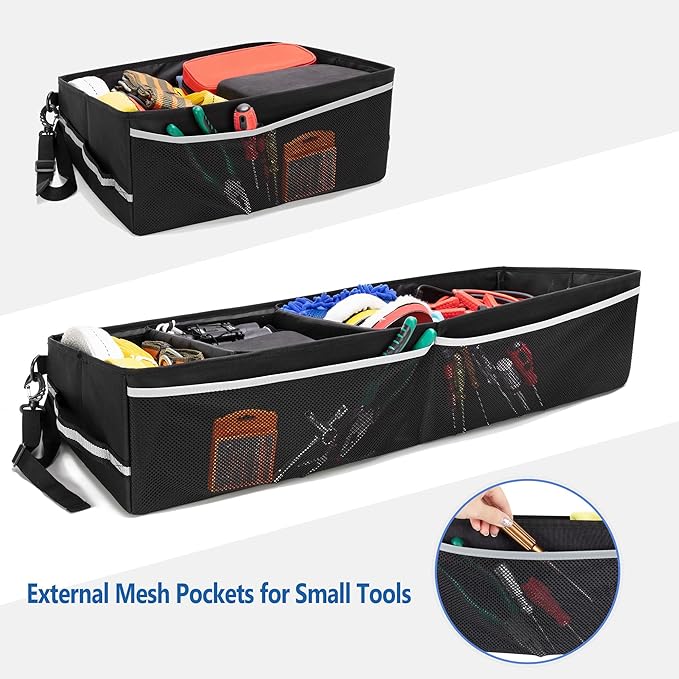 GRAOSO Trunk Under Seat Storage Fit for Super Crew, Tool Organizer Box Under Rear Seat for Three Seats with Removable Bottom Boards, Side Handles and Hook Snap Fix Straps, Black