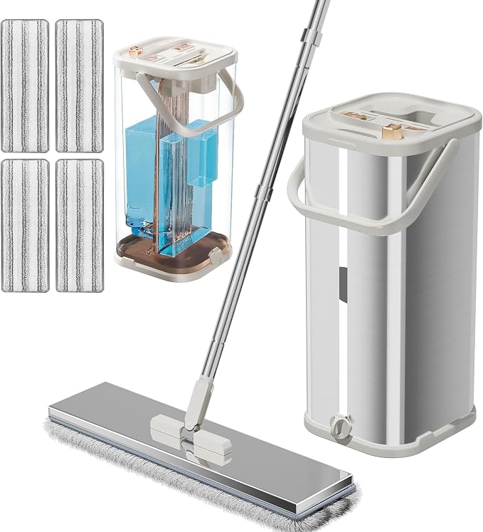 Separates Dirty Water Mop and Bucket Set for Home with 4 Extra Refills, Stainless Steel Mop and Bucket with Wringer Sliver