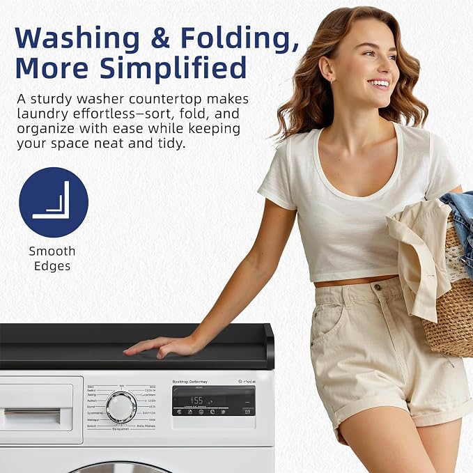 Memobarco Washer Dryer Countertop, 54" Width x 27.5" Depth Laundry Countertop Organization, Wooden Washer and Dryer Topper for Folding, Sorting & Ironing, Easy to Install, Black