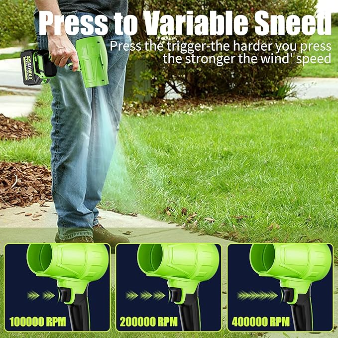 Portable Electric Cordless Leaf Blower – 400000RPM Handheld Blower with 4.0Ah Batteries & Charger, Variable Speed Lightweight Air Duster for Snow, Lawn, Patio & Dust Cleaning, Green