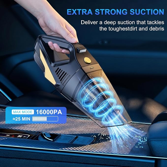 Rechargeable Cordless Handheld Vacuum Cleaner, Lightweight Portable Mini Hand Vac with 16000Pa Suction & LED Light for Car Interior,Home,Pet Hair, Hard-to-Reach Corners Cleaning